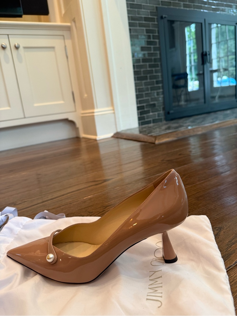 Jimmy Choo Blush Patent Leather Pointed-Toe Pumps with Pearl Strap - Picture 3 of 8